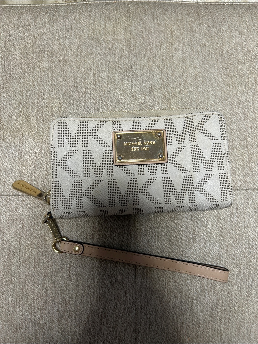 Michael Kors Beige Cream MK Logo Zip-Around Wristlet Wallet